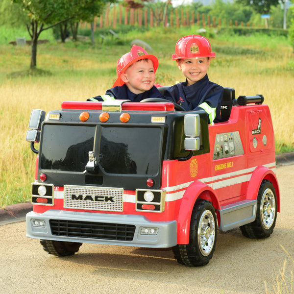 WONDERLANES Mack Truck Fire Engine Two Seater Ride On, 12V Battery Powered, Wonderlanes, Siren
